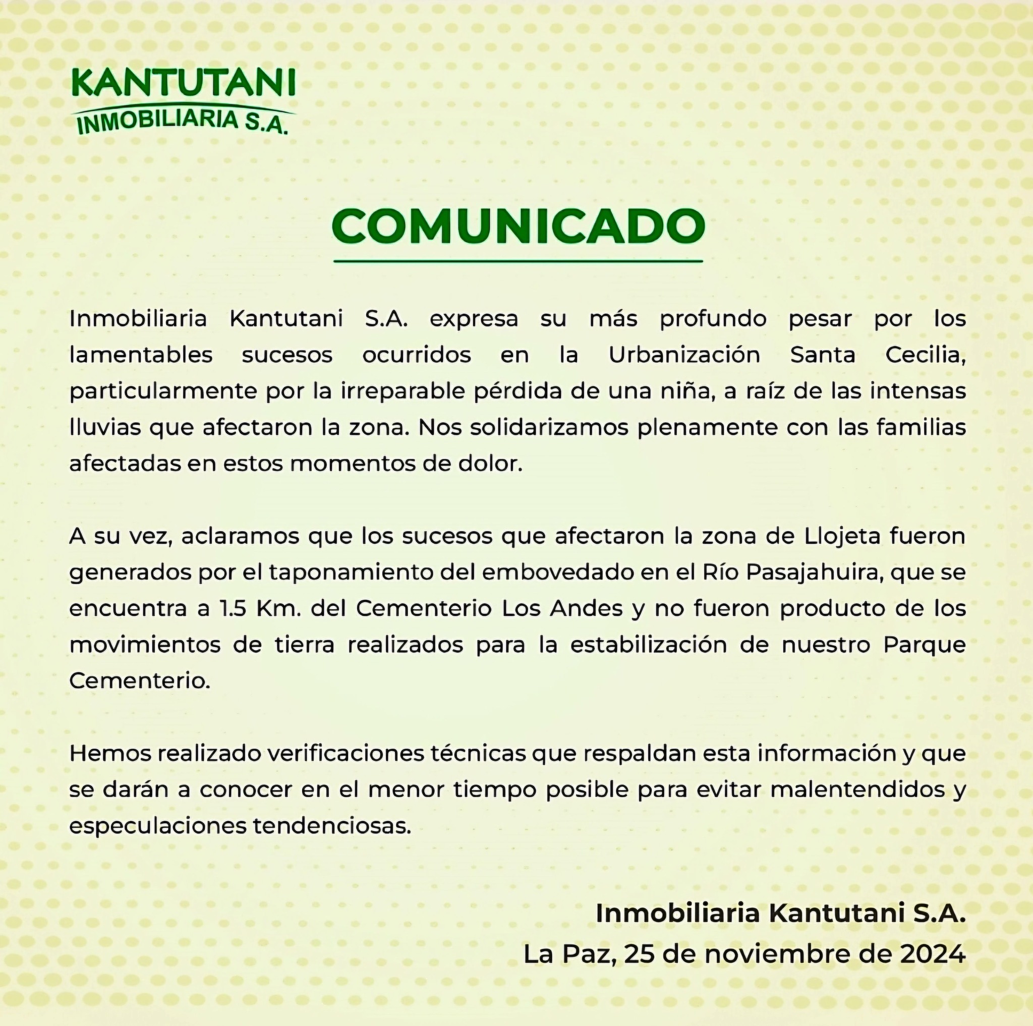 Comunicado Inmobiliaria Kantutani sobre tragedia en Bajo Llojeta