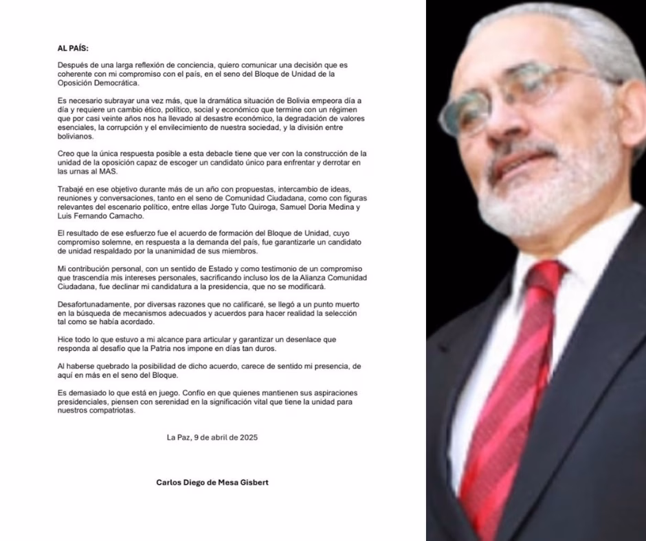 Carlos Mesa renuncia del Bloque de Unidad de la oposición boliviana